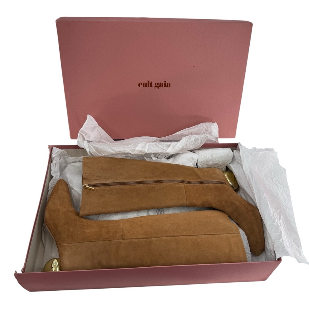 Cult Gaia NEW Zuri Knee High Boot in Camel Brown Gold Sculptural Heel Size 9 - Picture 12 of 14